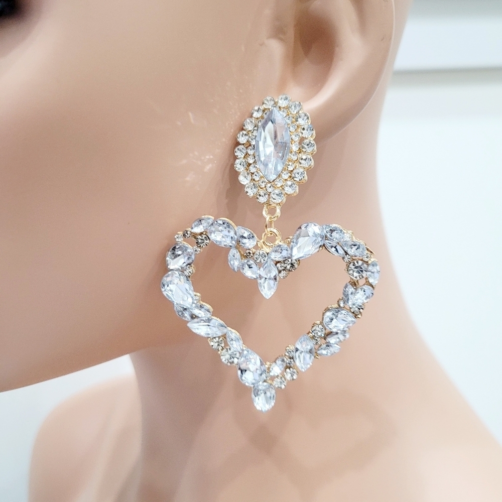 Brand New Gold Tone Big Heart Rhinestone Earrings